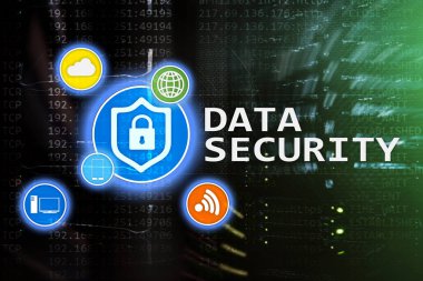 Veri güvenliği, siber suç önleme, dijital bilgi koruma. Kilit kutsal kişilerin resmi ve sunucu Oda arka plan.