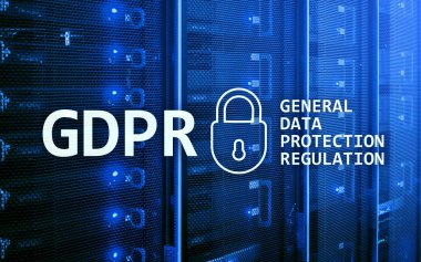 Gdpr, genel veri koruma yönetmeliği uyum. Sunucu odası arka plan.
