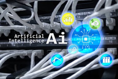 AI, yapay zeka, otomasyon ve modern bilgi teknolojisi kavramı sanal ekran üzerinde.