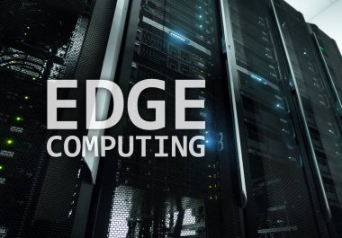 Bilgisayar, internet ve modern teknoloji kavramı modern sunucu Oda arka plan üzerinde kenar.