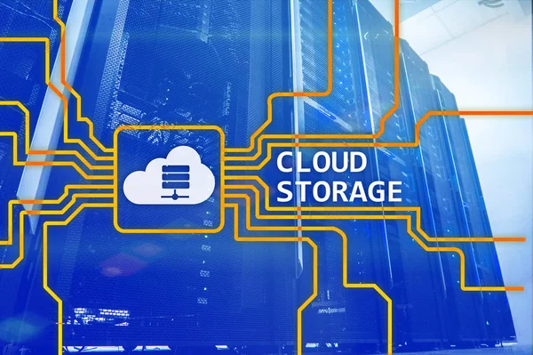 Cloud data storage concept on server room background.