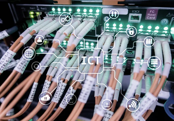 ICT - information and communications technology concept on server room background.