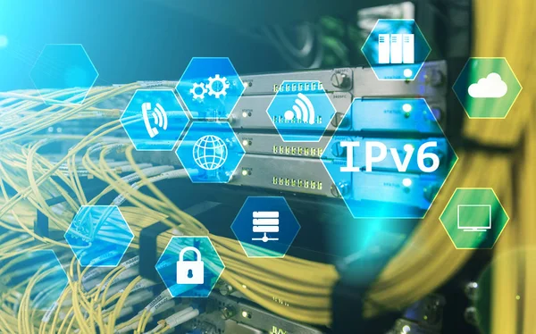 Konsep Teknologi Jaringan Ipv6 Pada Latar Belakang Ruang Server — Stok Foto
