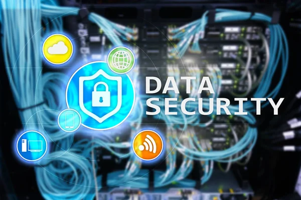 Data security, cyber crime prevention, Digital information protection. Lock icons and server room background.