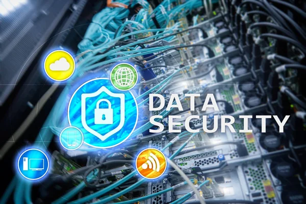 Data security, cyber crime prevention, Digital information protection. Lock icons and server room background.