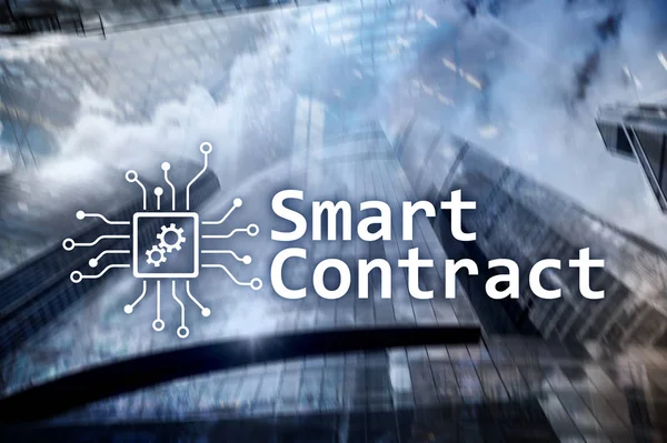 Smart contract, blockchain technology in business, finance hi-tech concept. Skyscrapers background.
