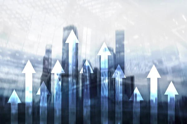 Gráfico Flecha Hacia Arriba Sobre Fondo Rascacielos Concepto Inversión Crecimiento —  Fotos de Stock