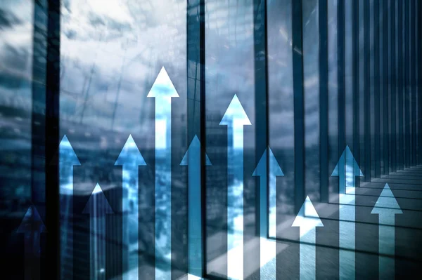 Gráfico Flecha Hacia Arriba Sobre Fondo Rascacielos Concepto Inversión Crecimiento —  Fotos de Stock