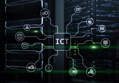 ICT - sunucu odası arka plan üzerinde bilgi ve iletişim teknoloji kavramı.