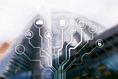 Bulanık iş merkezi zemin üzerine telekomünikasyon ve çok kavramı.