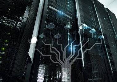 Bulut sunucu ve bilgisayar, veri depolama ve işleme. Internet ve teknoloji kavramı.