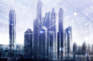 Bulanık gökdelenlerin arkaplanındaki engelleme ağı. Finansal teknoloji ve iletişim konsepti.
