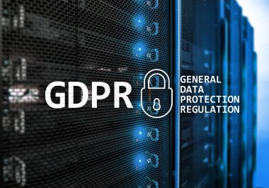 Gdpr, genel veri koruma yönetmeliği uyum. Sunucu odası arka plan.