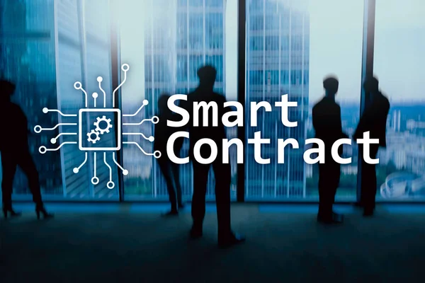 Smart contract, blockchain technology in business, finance hi-tech concept. Skyscrapers background.