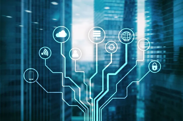 Bulanık iş merkezi zemin üzerine telekomünikasyon ve çok kavramı.