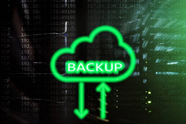 Backup Button Modern Server Room Background Data Loss Prevention System — Stock Photo, Image