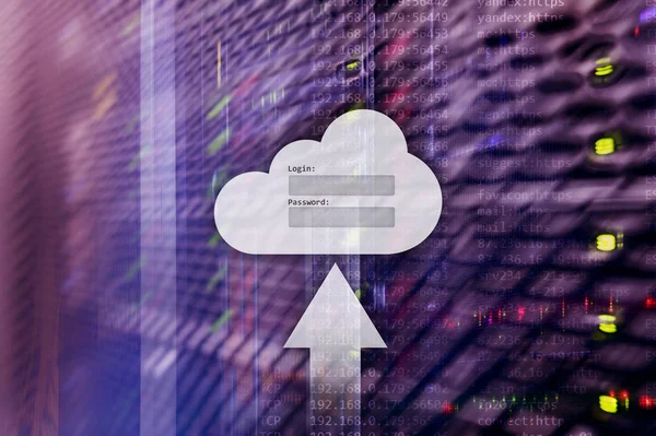 云存储 数据访问 登录和密码请求窗口在服务器室的背景 互联网与技术理念 — 图库照片