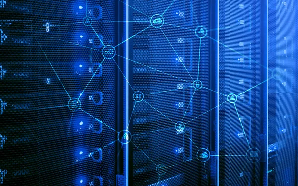 Telekommunikationskonzept Mit Abstrakter Netzwerkstruktur Und Serverraum Hintergrund — Stockfoto