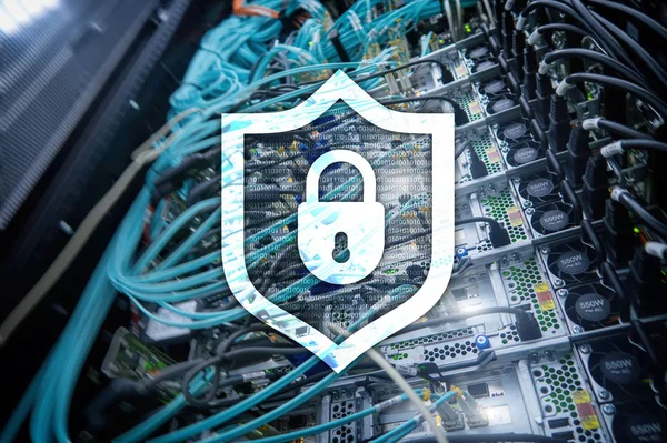 Cyber protection shield icon on server room background. Information Security and virus detection.