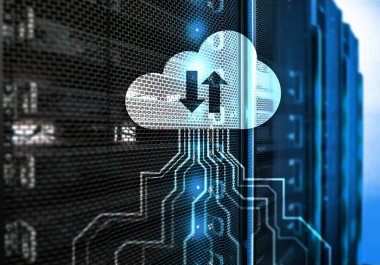 Bulut sunucu ve bilgisayar, veri depolama ve işleme. Internet ve teknoloji kavramı.