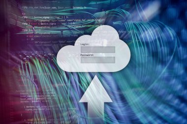 Bulut depolama, veri erişimi, Kullanıcı adı ve şifre talebi penceresini sunucu Oda arka plan üzerinde. Internet ve teknoloji kavramı.