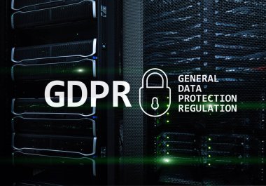 Gdpr, genel veri koruma yönetmeliği uyum. Sunucu odası arka plan.