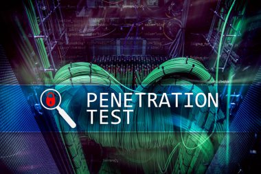 Penetrasyon testi. Cybersecurity ve veri koruma. Hacker saldırı önleme. Fütüristik sunucu odası arka plan üzerinde. Penetrasyon testi. Cybersecurity ve veri koruma. Hacker saldırı önleme. Fütüristik sunucu odası arka plan üzerinde.