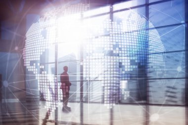 3D Dünya hologram üzerinde arka plan bulanık. Küresel iş ve iletişim kavramı.