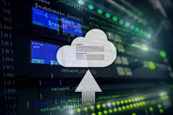 Cloud Speicher Datenzugriff Anmelde Und Passwortanforderungsfenster Hintergrund Des Serverraums Internet — Stockfoto