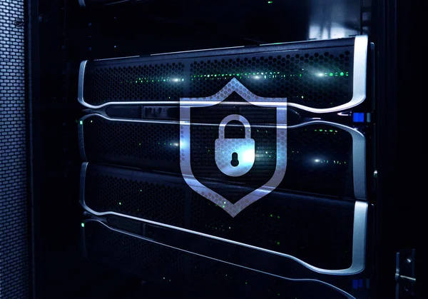 Cyber protection shield icon on server room background. Information Security and virus detection.