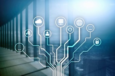 Bulanık iş merkezi zemin üzerine telekomünikasyon ve çok kavramı.