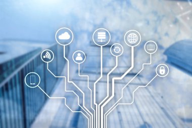 Bulanık iş merkezi zemin üzerine telekomünikasyon ve çok kavramı.