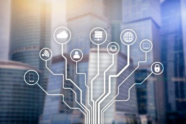 Bulanık iş merkezi zemin üzerine telekomünikasyon ve çok kavramı.