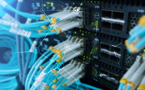 Telecommunicatie Concept Met Abstracte Netwerk Structuur Server Kamer Achtergrond — Stockfoto