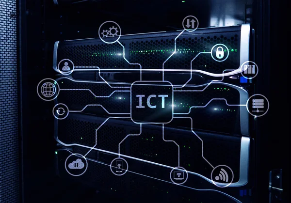 ICT - information and communications technology concept on server room background.