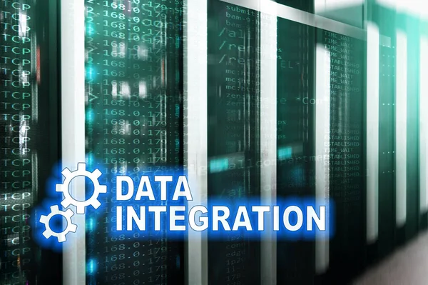 Data integration information technology concept on server room background.