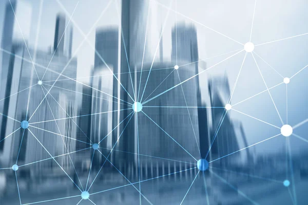 Blockchain Network Blurred Skyscrapers Background Financial Technology Communication Concept — Stock Photo, Image
