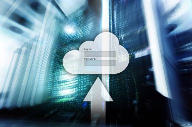 Bulut depolama, veri erişimi, Kullanıcı adı ve şifre talebi penceresini sunucu Oda arka plan üzerinde. Internet ve teknoloji kavramı.