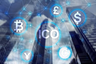 ICO - Initial coin offering, Blockchain and cryptocurrency concept on blurred business building background. clipart
