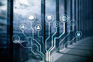 Bulanık iş merkezi zemin üzerine telekomünikasyon ve çok kavramı.