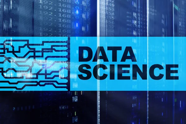 Data science, business, internet and technology concept on server room background.