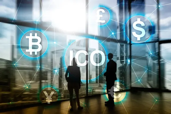 Ico Initiële Munt Aanbieden Blockchain Cryptocurrency Concept Inzake Wazig Zakelijke — Stockfoto