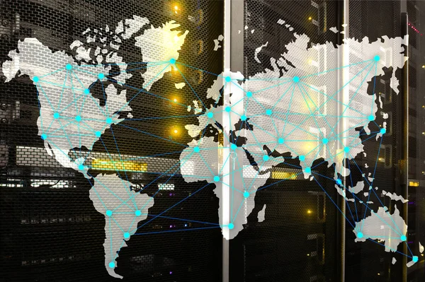 Internet and telecommunication concept with world map on server room background.