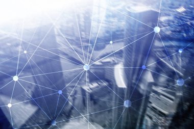 Bulanık gökdelenlerin arkaplanındaki engelleme ağı. Finansal teknoloji ve iletişim konsepti.