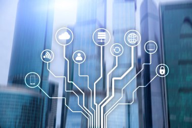 Bulanık iş merkezi zemin üzerine telekomünikasyon ve çok kavramı.