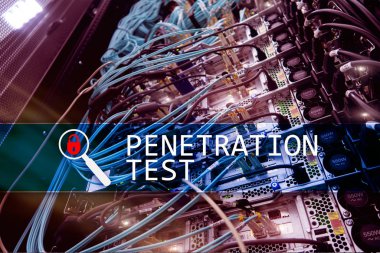 Penetrasyon testi. Cybersecurity ve veri koruma. Hacker saldırı önleme. Fütüristik sunucu odası arka plan üzerinde. Penetrasyon testi. 