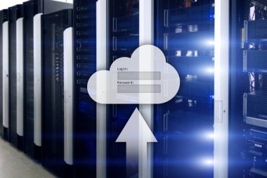 Bulut depolama, veri erişimi, Kullanıcı adı ve şifre talebi penceresini sunucu Oda arka plan üzerinde. Internet ve teknoloji kavramı.