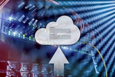 Bulut depolama, veri erişimi, Kullanıcı adı ve şifre talebi penceresini sunucu Oda arka plan üzerinde. Internet ve teknoloji kavramı.