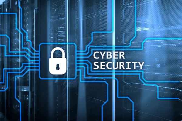 Cyber security, information privacy and data protection concept on server room background.