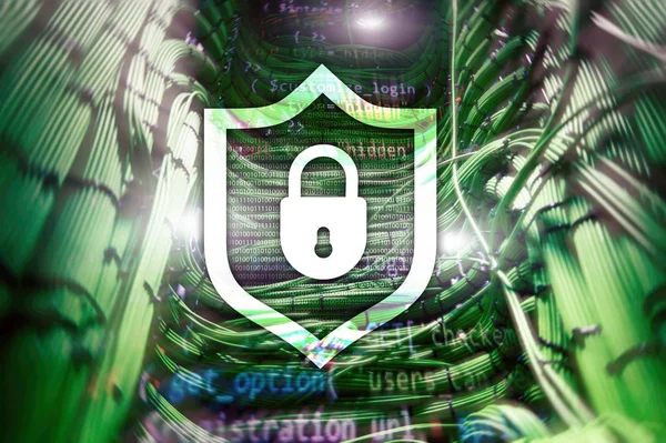 Ikona Tarczy Ochrony Cyber Tle Pokój Serwera Informacje Zabezpieczeń Wirus — Zdjęcie stockowe